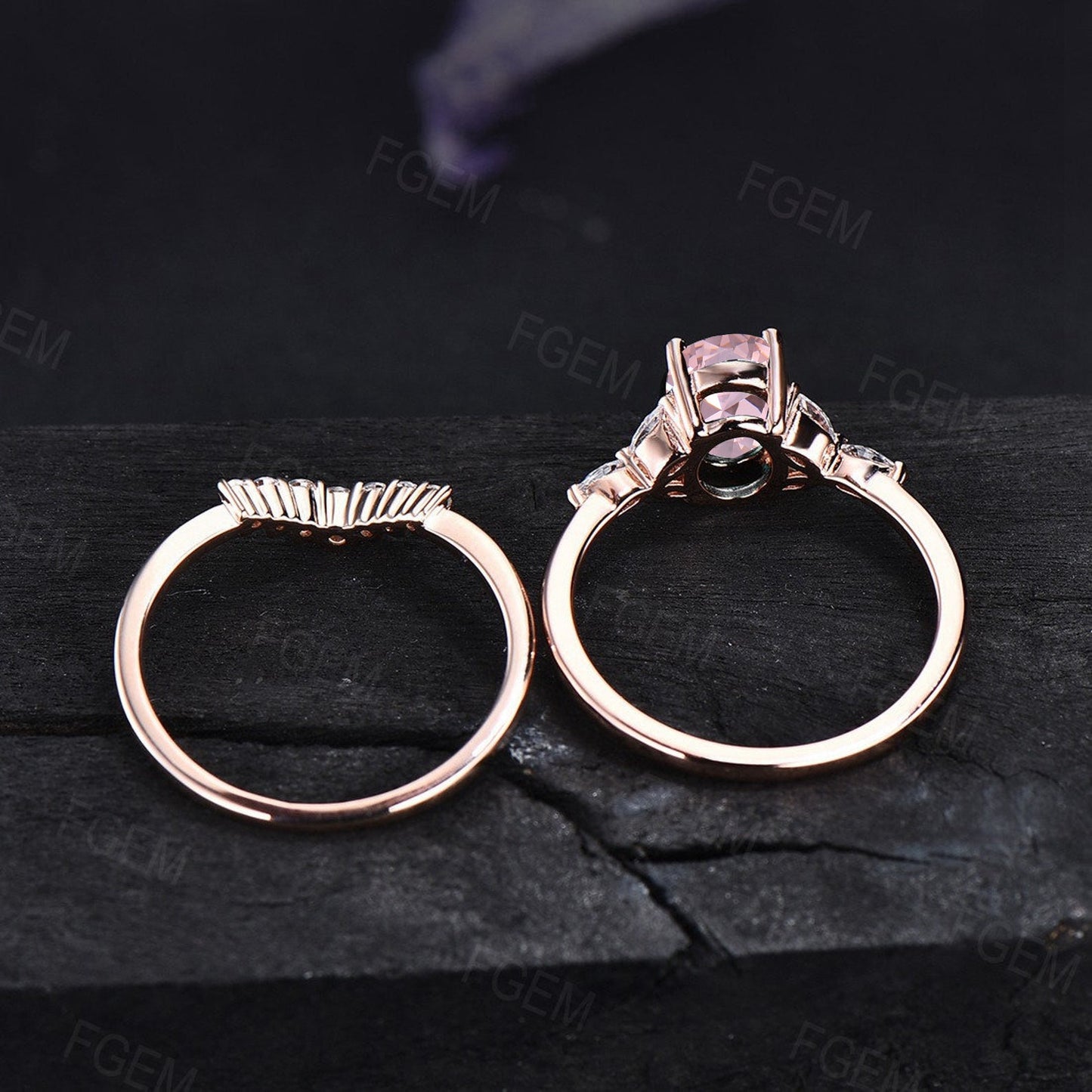 Oval Morganite Ring Set Sterling Silver Pink Morganite Gemstone Wedding Ring Set Women Stacking Matching Bands Bridal Ring Anniversary Gift