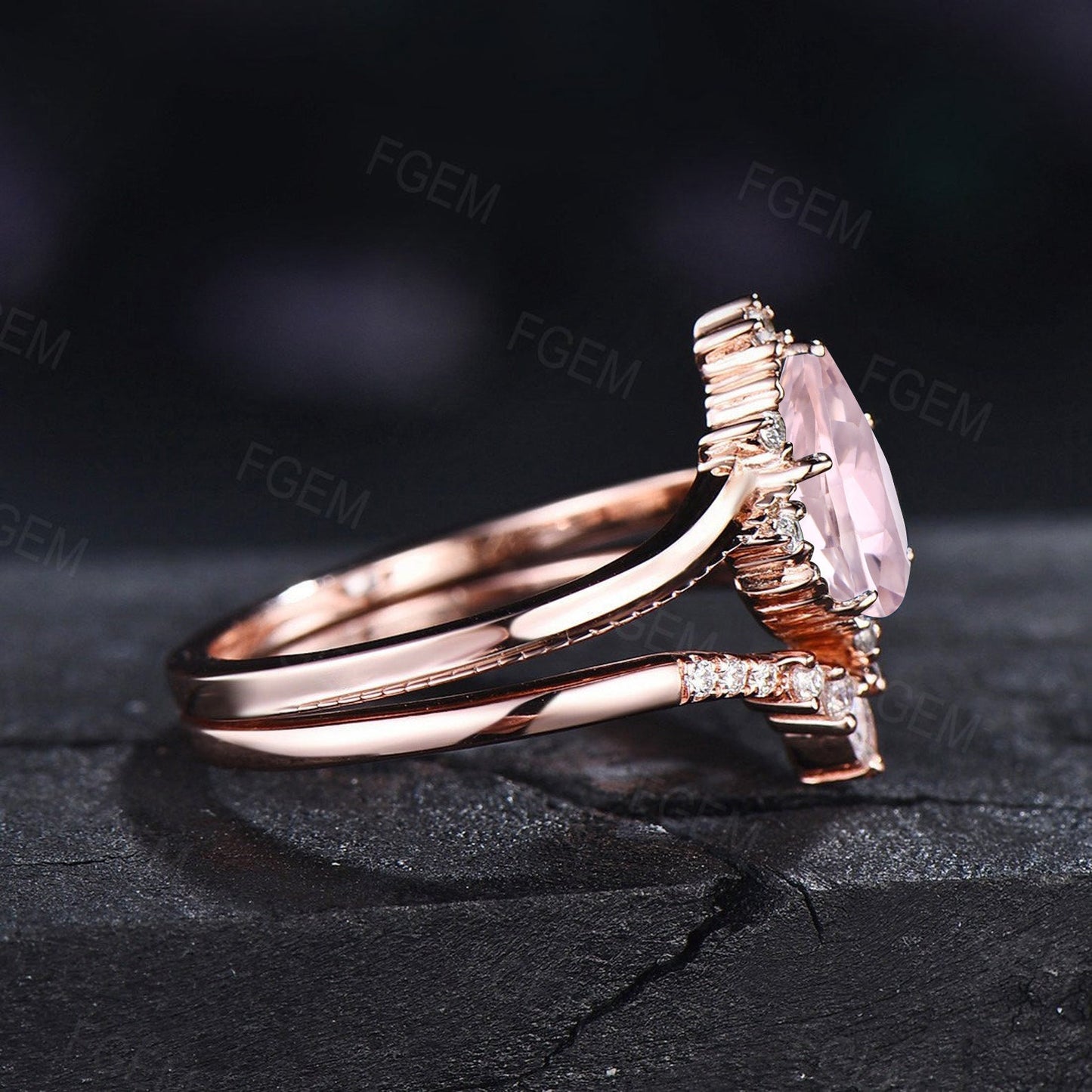 Pear Morganite Engagement Ring Set Sterling Silver Vintage Pink Morganite Ring Set Curve Wedding Band Personalize Anniversary Gift for Women