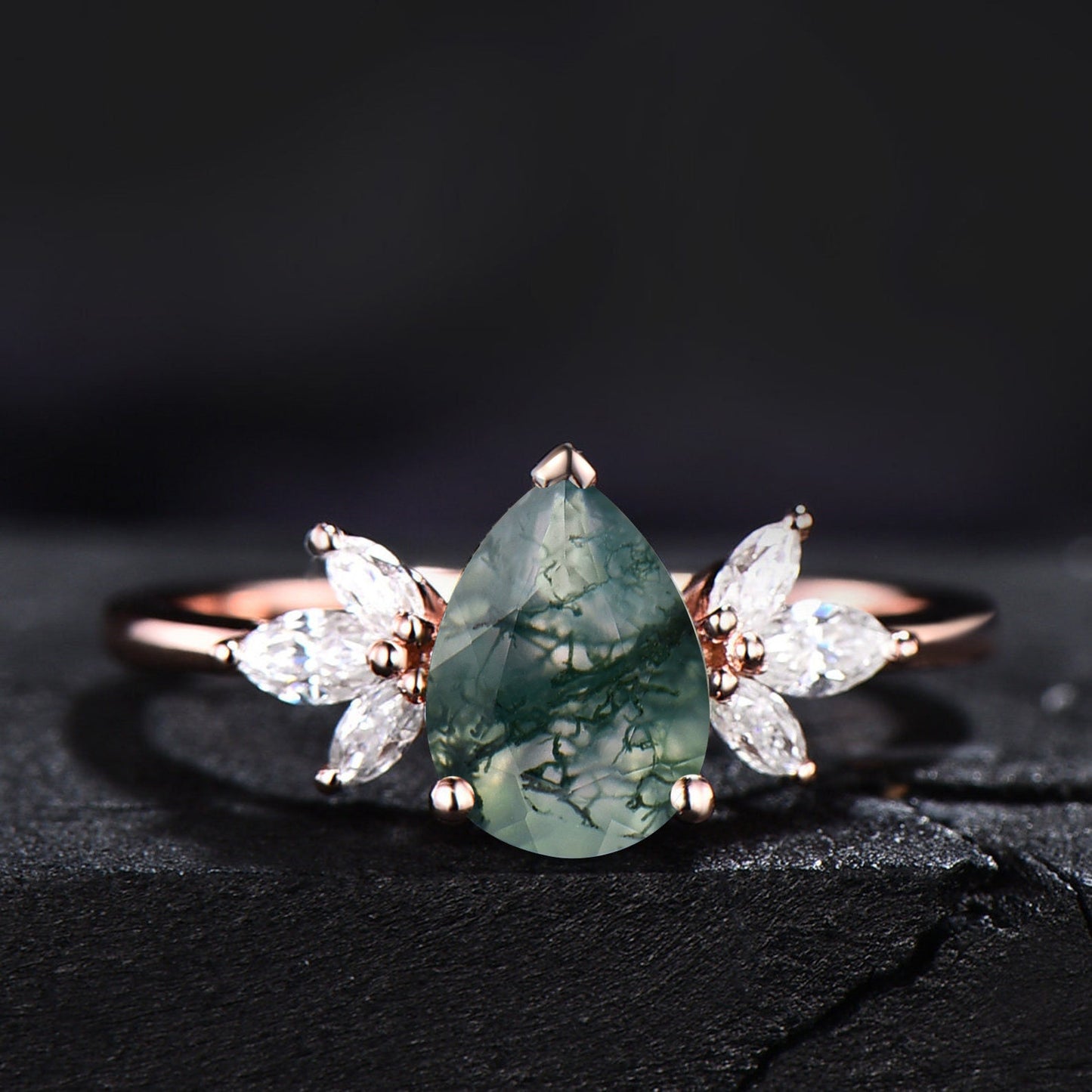 Pear Natural Moss Agate Engagement Ring Sterling Silver Marquise CZ Diamond Ring Bridal Anniversary Promise Ring Healing Gemstone Ring Women
