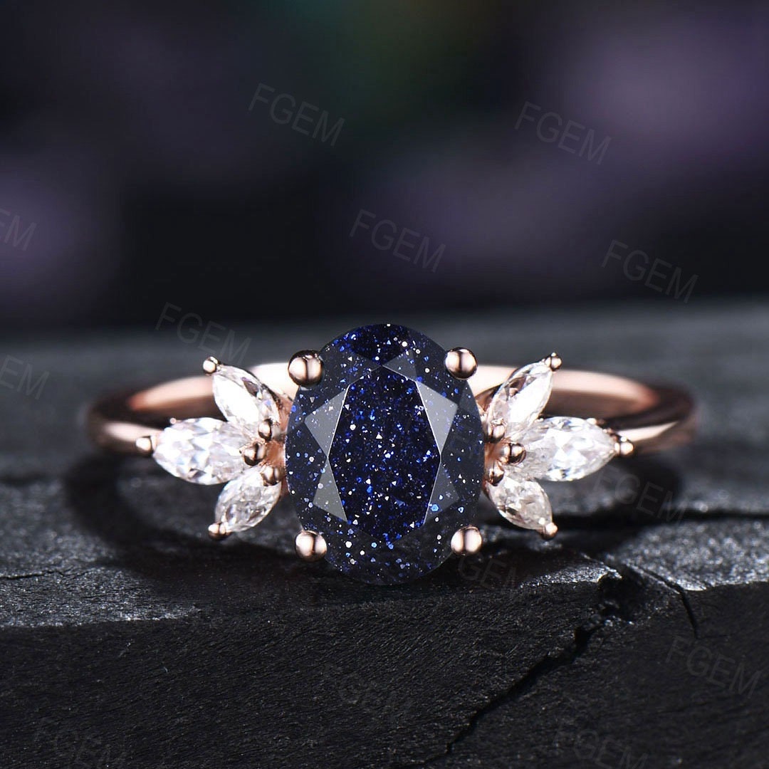 Oval Cut Blue Sandstone Ring Anniversary Gift for Wife Sterling Silver Ring With Stone Galaxy Goldstone Ring Unique Gemstone Engagement Ring