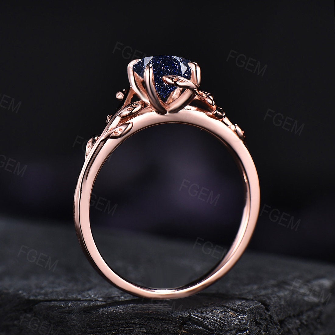 Nature Inspired Galaxy Blue Sandstone Leaf Engagement Ring Round Blue Goldstone Cluster Natural Black Spinel Promise Ring Anniversary Gifts