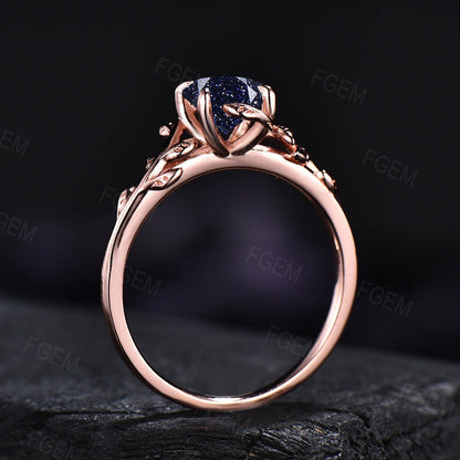 Nature Inspired Galaxy Blue Sandstone Leaf Engagement Ring Round Blue Goldstone Cluster Natural Black Spinel Promise Ring Anniversary Gifts