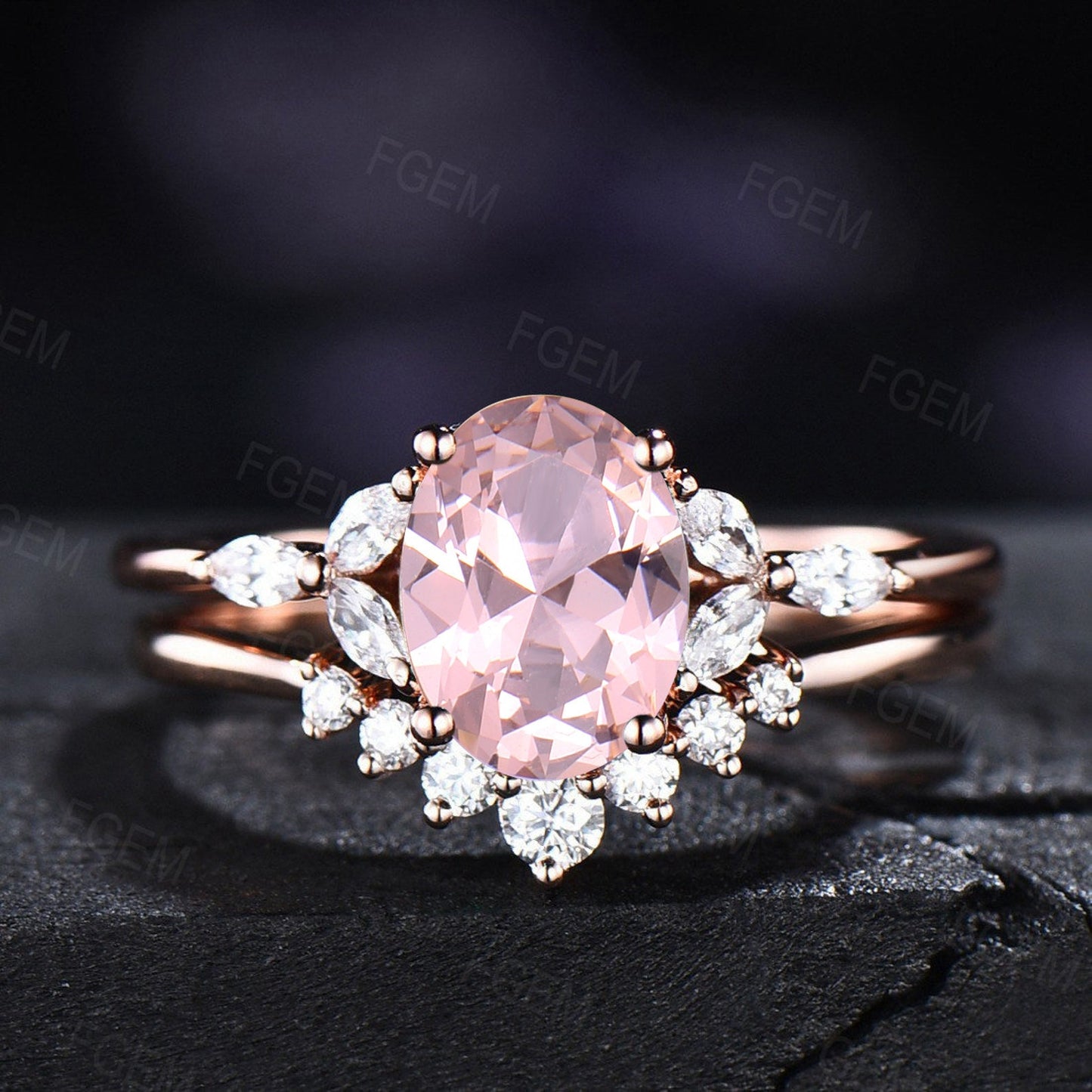 Oval Morganite Ring Set Sterling Silver Pink Morganite Gemstone Wedding Ring Set Women Stacking Matching Bands Bridal Ring Anniversary Gift