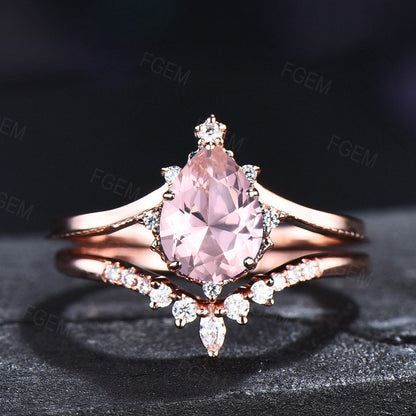 Pear Morganite Engagement Ring Set Sterling Silver Vintage Pink Morganite Ring Set Curve Wedding Band Personalize Anniversary Gift for Women