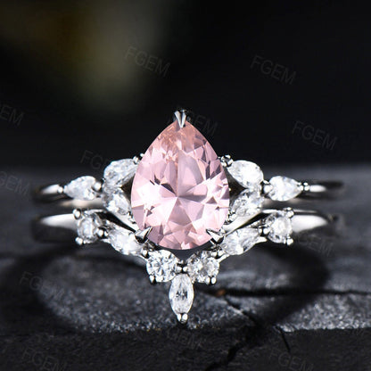 Pear Shaped Morganite Engagement Ring Set Rose Gold Art Deco Marquise CZ Diamond Ring Pink Morganite Ring For Women Unique Bridal Ring Set