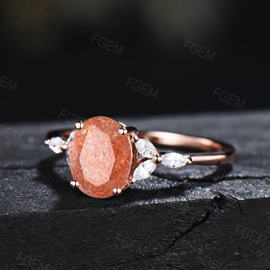 Sterling Silver/Rose Gold Natural African Sunstone Ring Oval Engagement Ring Geniune Orange Gem Sunstone Engagement Ring Gemstone Jewelry