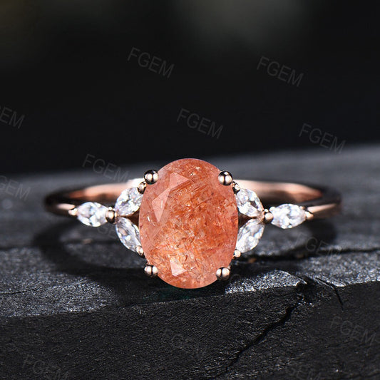 Sterling Silver/Rose Gold Natural African Sunstone Ring Oval Engagement Ring Geniune Orange Gem Sunstone Engagement Ring Gemstone Jewelry
