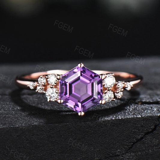 Hexagon Cut February Birthstone Engagement Ring Women Natural Amethyst Ring Sterling Silver Ring Snowdrift Bridal Wedding Ring Birthday Gift