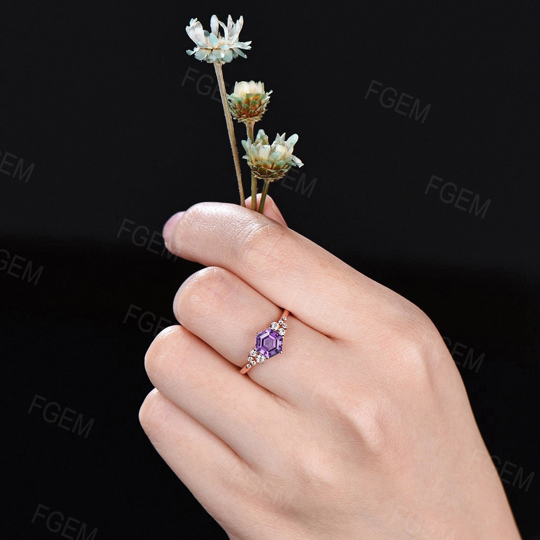 Hexagon Cut February Birthstone Engagement Ring Women Natural Amethyst Ring Sterling Silver Ring Snowdrift Bridal Wedding Ring Birthday Gift