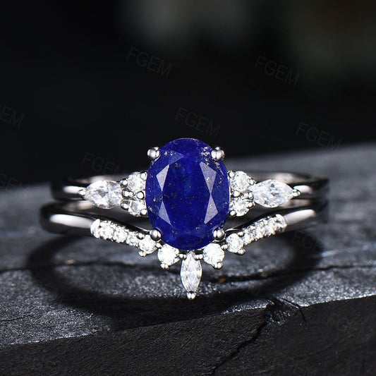 Oval Cut Natural Lapis Lazuli Ring Set Sterling Silver Womens Real Lapis And CZ Diamond Wedding Ring Set Blue Gemstone Antique Jewelry Gift