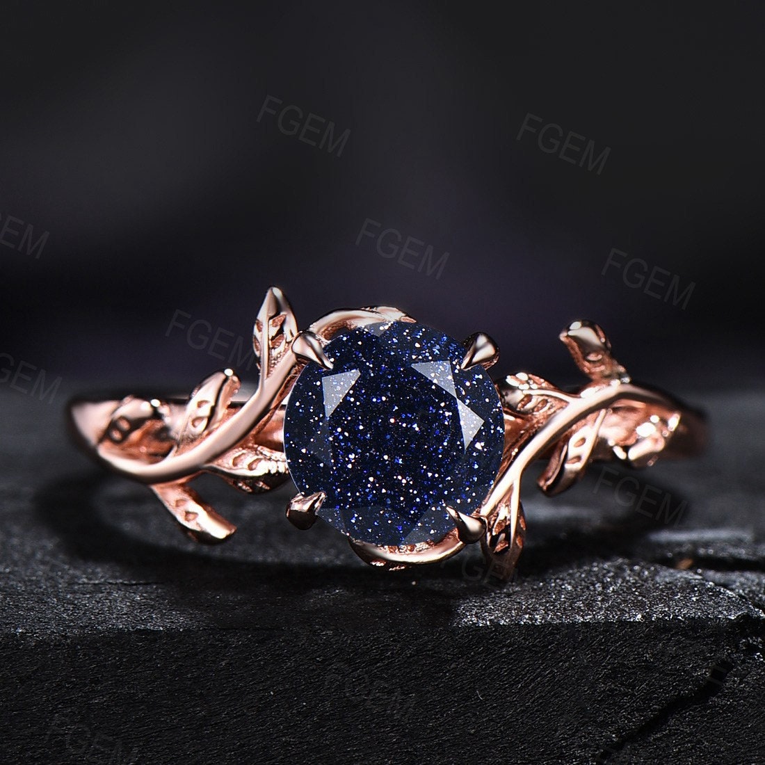 Sterling Silver Round Cut Blue Sandstone Engagement Ring Leaf Gemstone Ring Blue Sandstone Solitaire Promise Ring Anniversary Gift For Her