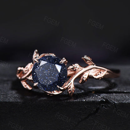 Sterling Silver Round Cut Blue Sandstone Engagement Ring Leaf Gemstone Ring Blue Sandstone Solitaire Promise Ring Anniversary Gift For Her