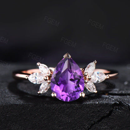 Sterling Silver Purple Engagement Rings Vintage Pear Natural Amethyst Wedding Ring February Birthstone Ring Birthday Gift Amethyst Jewelry