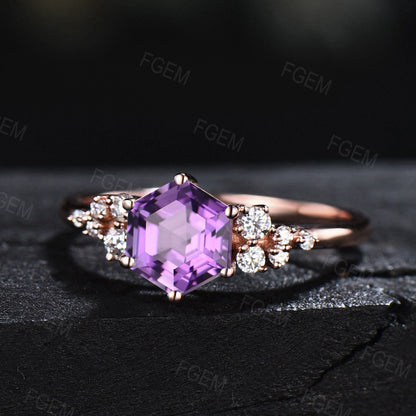 Hexagon Cut February Birthstone Engagement Ring Women Natural Amethyst Ring Sterling Silver Ring Snowdrift Bridal Wedding Ring Birthday Gift