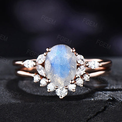 Oval Cut Natural Blue Labradorite Engagement Ring Set Spiritual Healing Crystal Ring Genuine Blue Gemstone Bridal Promise Ring Set For Women