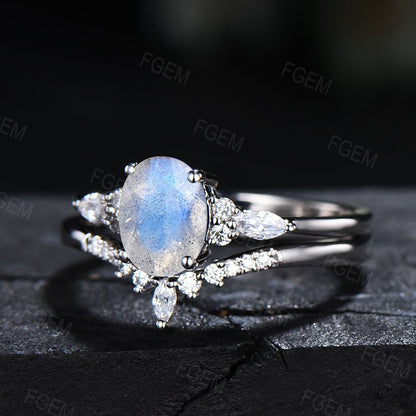 Natural Blue Labradorite Crystal Ring Sterling Silver Oval Labradorite Engagement Ring Set Unique Rose Gold Moonstone Bridal Promise Ring