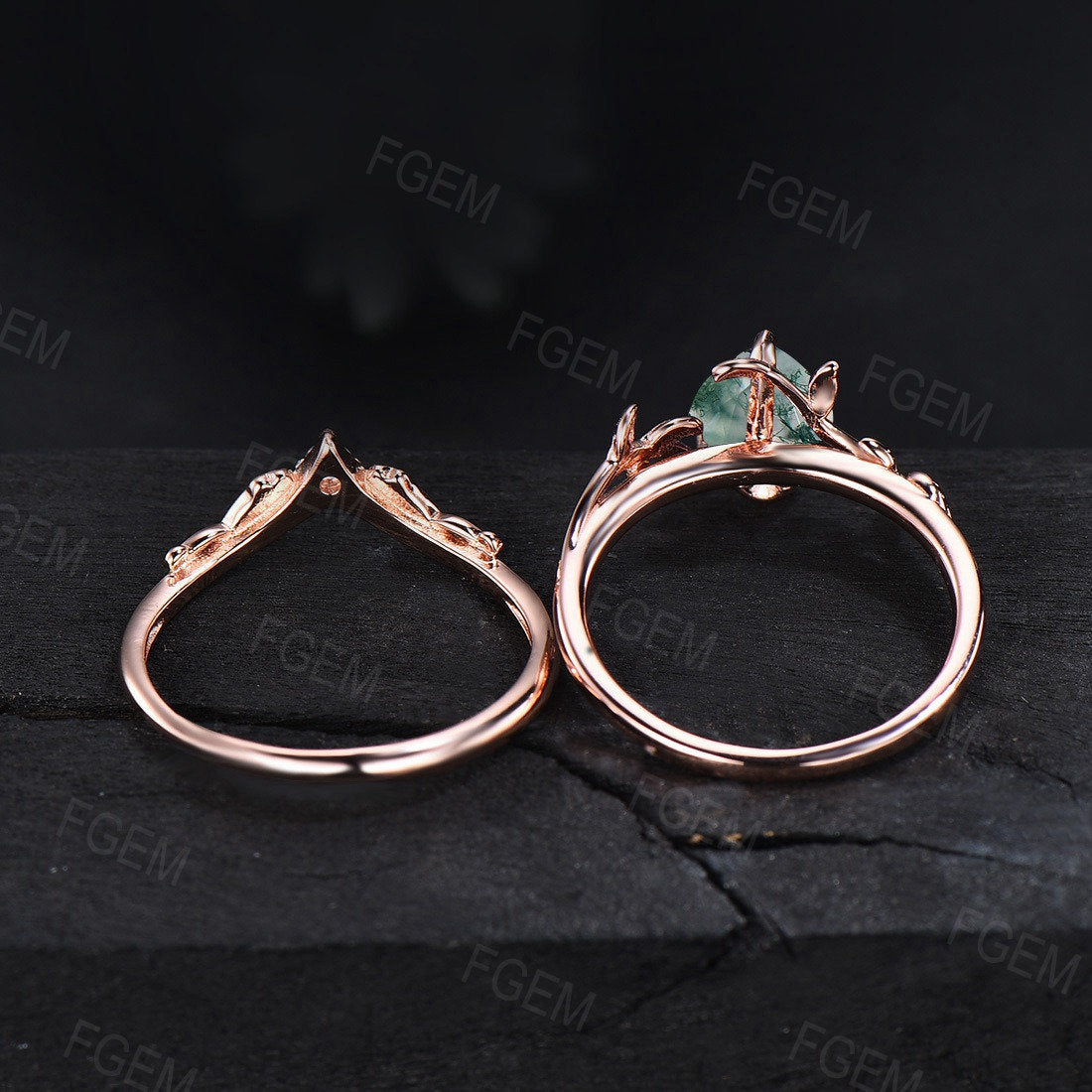 Nature Inspired Engagement Rings Sets 14K Rose Gold Pear Shaped Natural Moss Agate Leaf Wedding Ring Unique Solitaire Rings Anniversary Gift