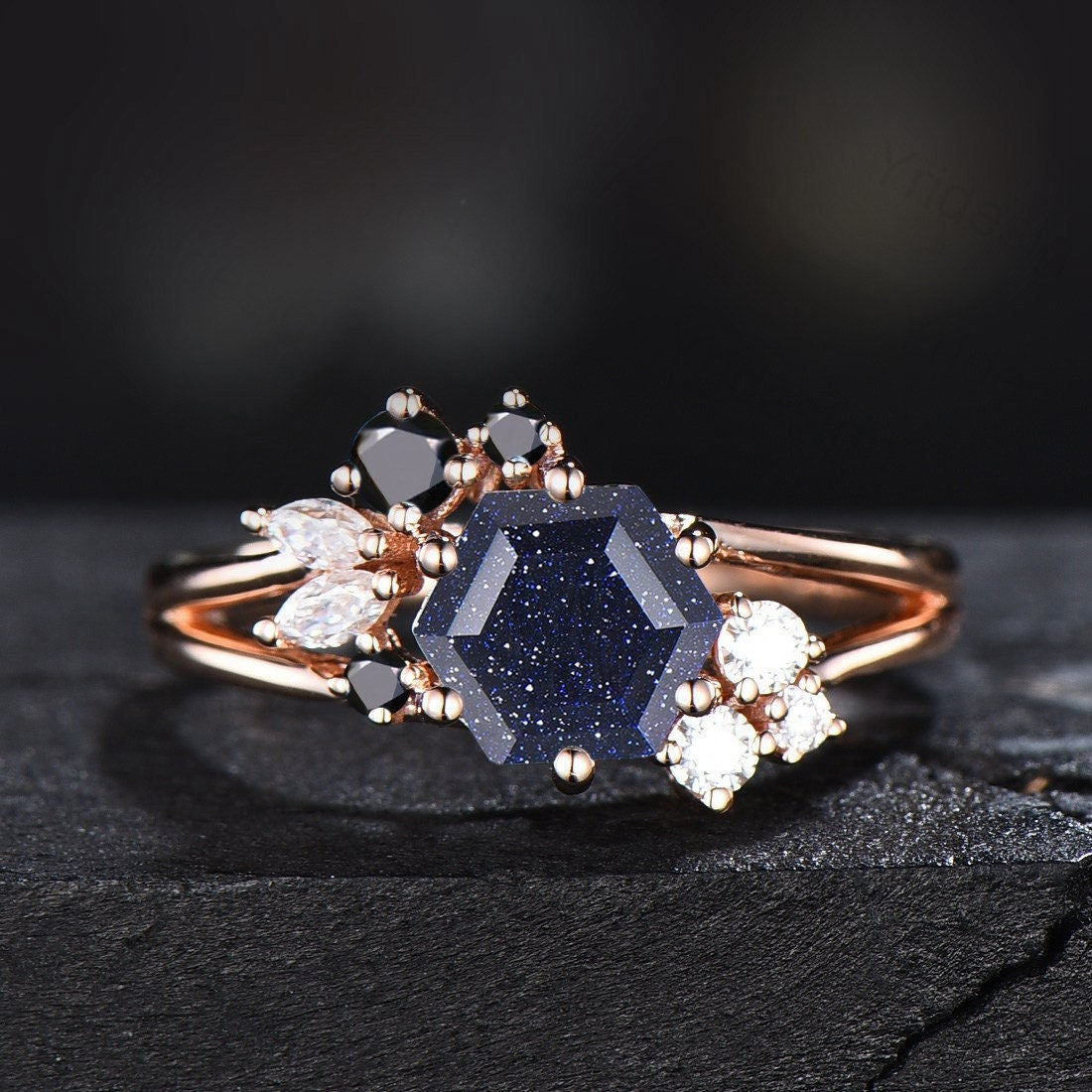 Blue Sandstone Cluster CZ Diamond Ring Goldstone Engagement Ring Silver 14k Rose Gold Wedding Ring Minimalist Women Anniversary store Gift