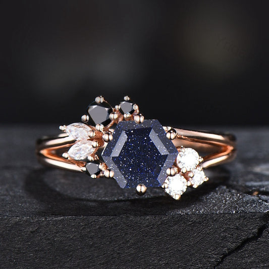 Galaxy Blue Sandstone Ring Women 14K Gold Hexagon Cluster Engagement Ring Blue Goldstone Engagement Ring Split Shank Moissanite Wedding Ring