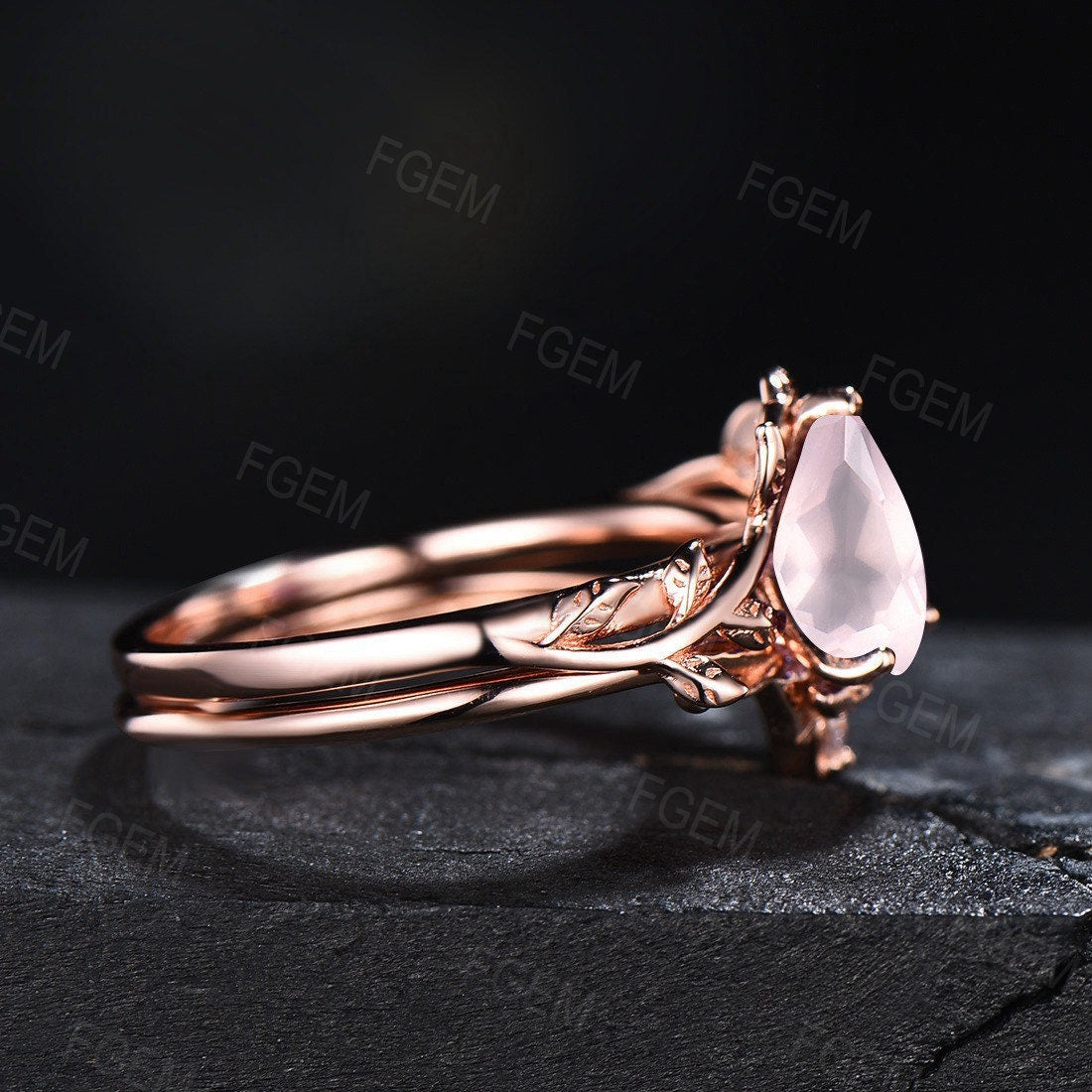 1.25ct Pear Shaped Natural Pink Rose Quartz Engagement Ring Set Rose Flower Pink Crystal Ring Nature Inspired Leaf Green Emerald Bridal Sets