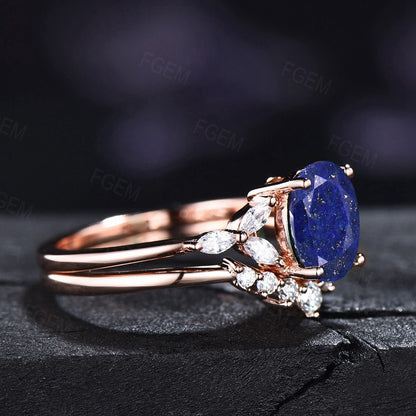 Sterling Silver Natural Lapis Lazuli Wedding Ring Set For Women Vintage Real Crystal Lazuli Jewelry Antique Blue Gemstone Bridal Ring Set