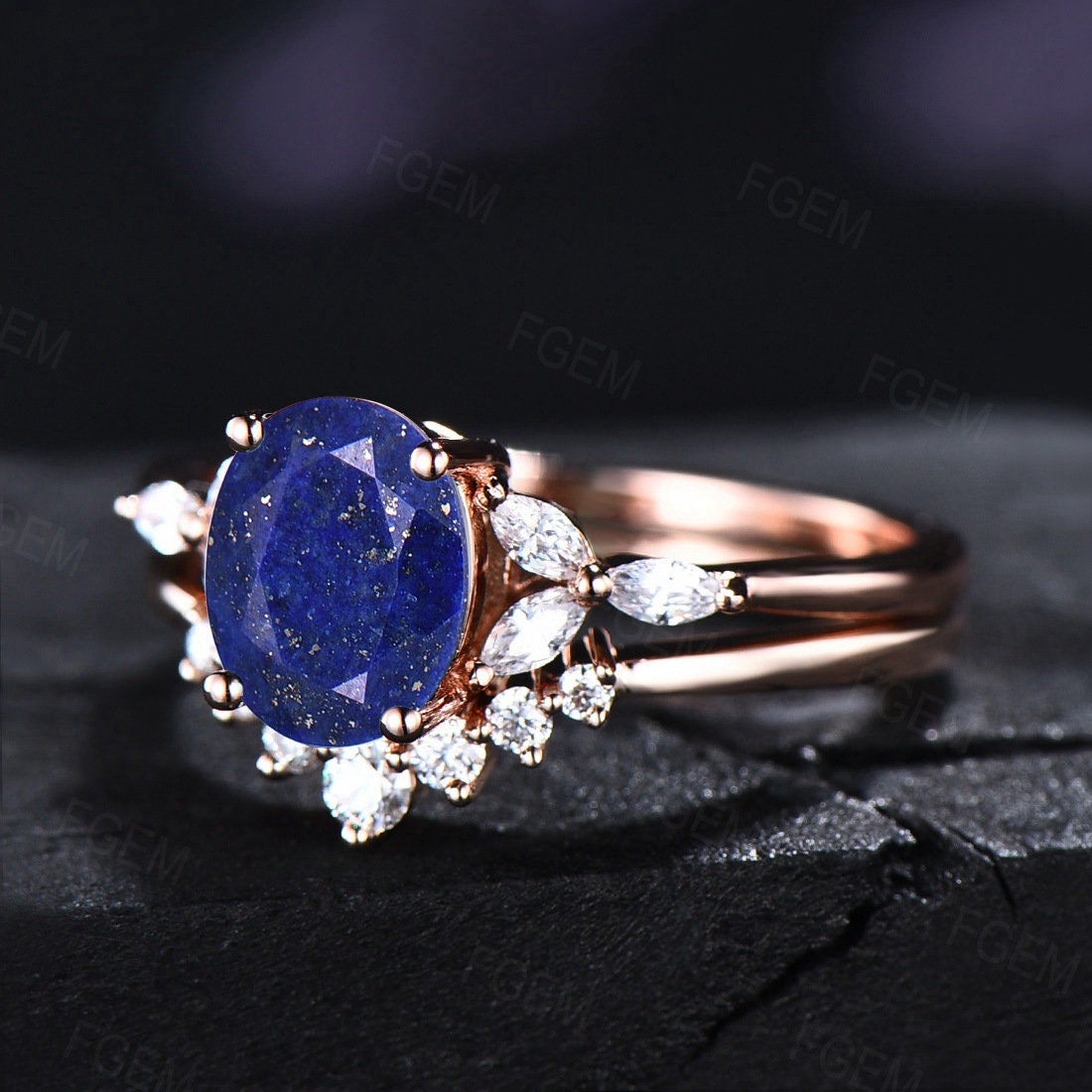 Sterling Silver Natural Lapis Lazuli Wedding Ring Set For Women Vintage Real Crystal Lazuli Jewelry Antique Blue Gemstone Bridal Ring Set