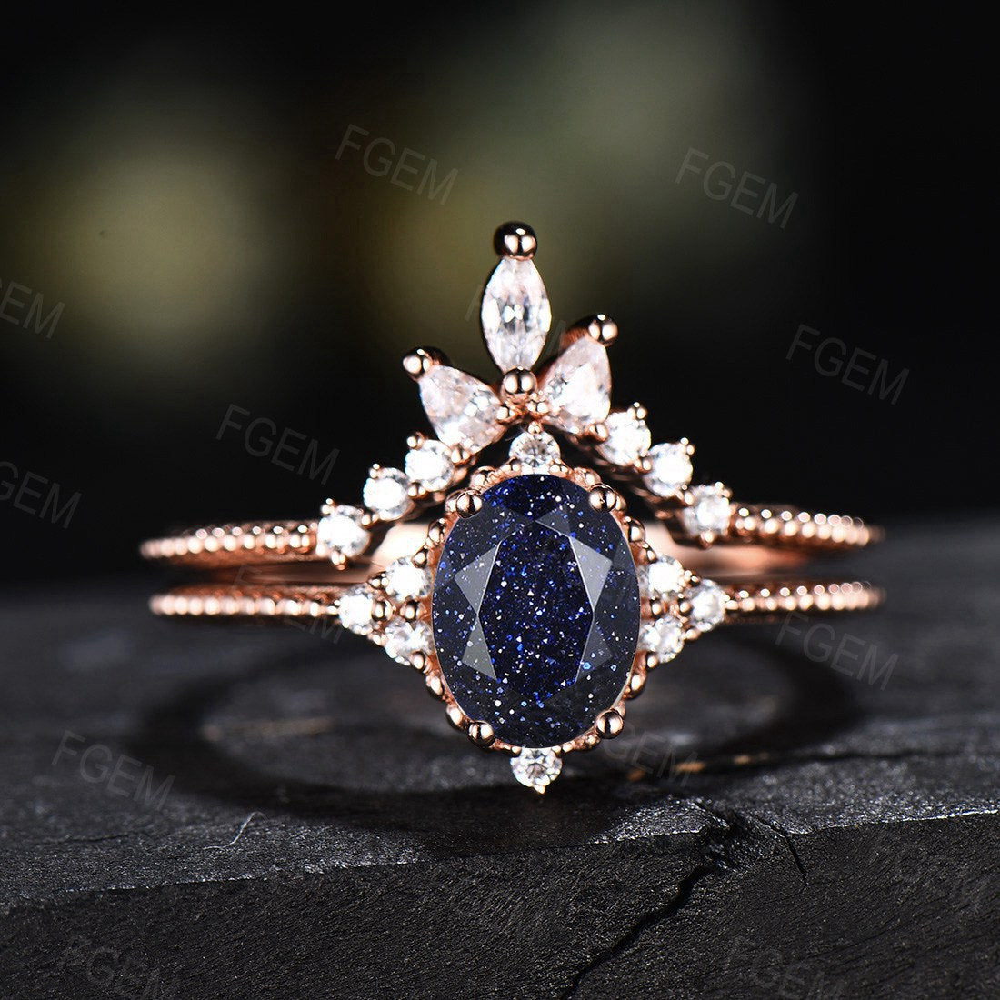 Oval Cut Blue Sandstone Ring Set For Women Pure Gold Silver Unique Blue Goldstone Engagement Ring Crown Curve Moissanite Wedding Bridal Ring