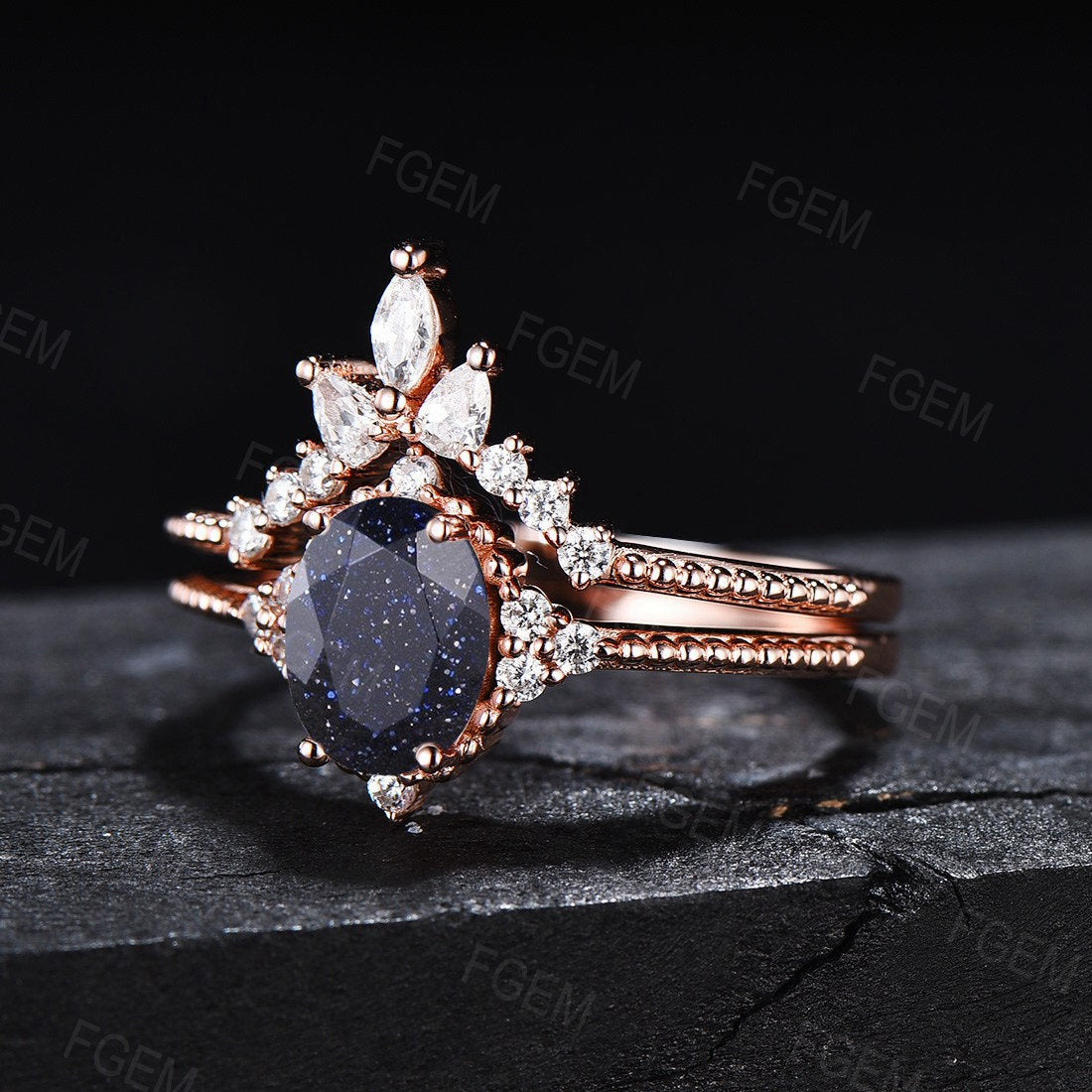 Oval Cut Blue Sandstone Ring Set For Women Pure Gold Silver Unique Blue Goldstone Engagement Ring Crown Curve Moissanite Wedding Bridal Ring