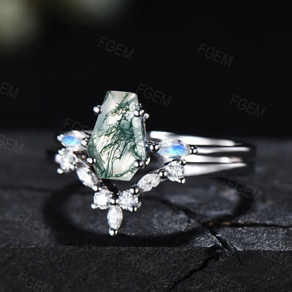 Unique Coffin Natural Moss Agate Ring Set Vintage Coffin Shape Engagement Ring Long Hexagon Moss Agate Ring Moonstone Moissanite Bridal Set