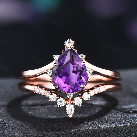 February Birthstone Crystal Ring Pear Shaped Engagement Ring Set Natural Amethyst Ring Sterling Silver Vintage Bridal Set Women Purple Stone