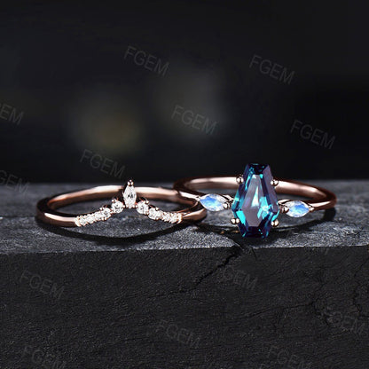 Long Hexagon Alexandrite Engagement Ring Set Coffin Shaped Ring Rose Gold Marquise Cut Moonstone Ring Moissanite Wedding Ring Set For Women