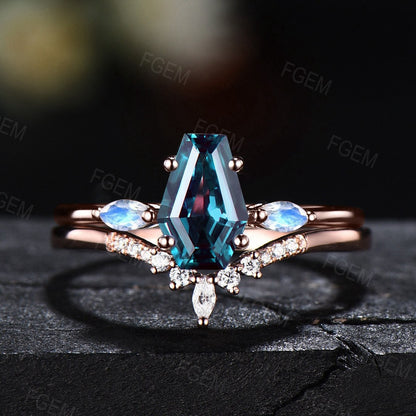 Long Hexagon Alexandrite Engagement Ring Set Coffin Shaped Ring Rose Gold Marquise Cut Moonstone Ring Moissanite Wedding Ring Set For Women