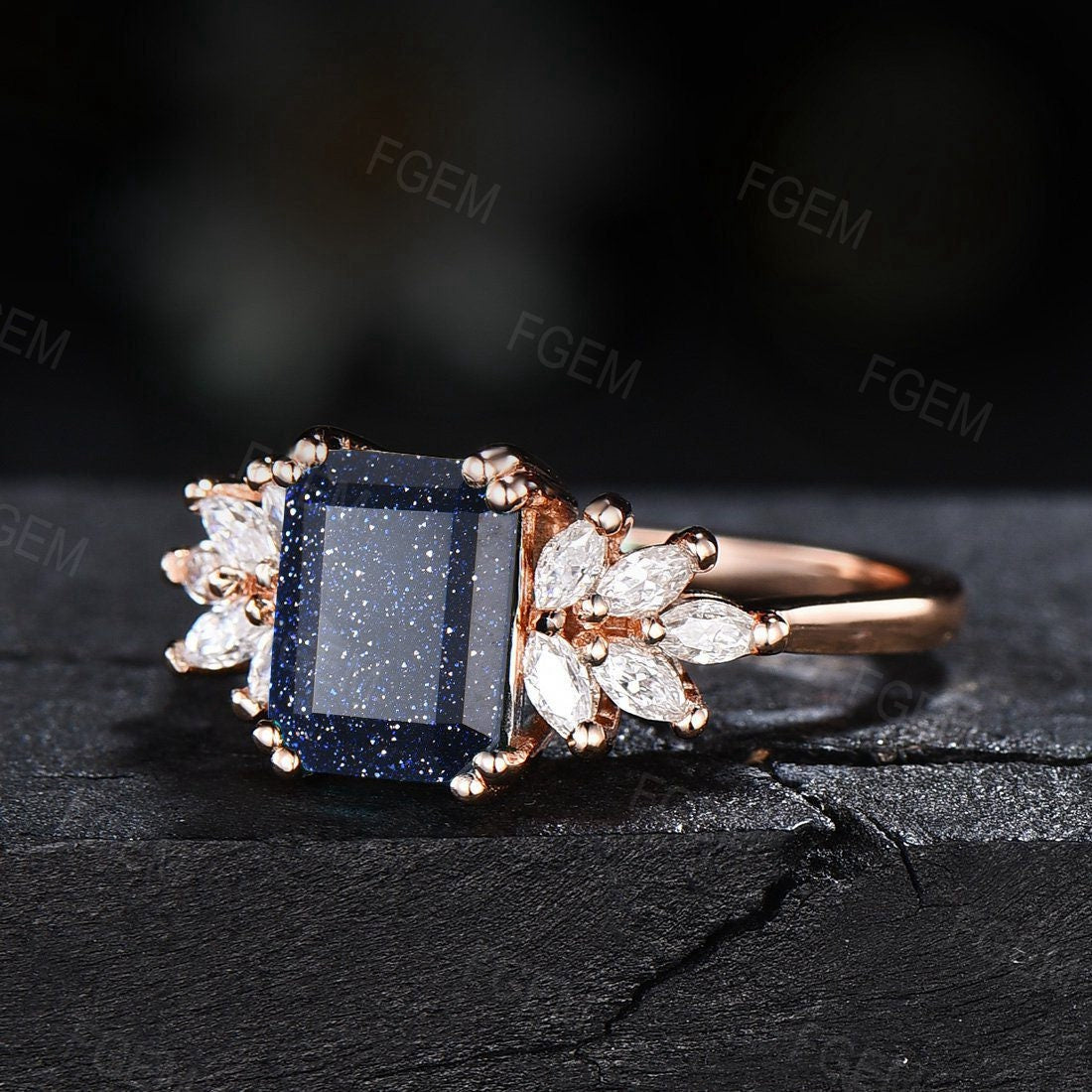 Emerald Cut Blue Sandstone Ring Cluster Engagement Ring Galaxy Blue Goldstone Ring Marquise Moissanite Statement Ring Unique Gift for Women