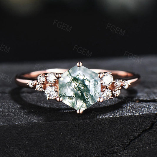 Sterling Silver Hexagon Natural Moss Agate Ring Snowdrift Engagement Ring Green Stone Ring Unique Gemstone Wedding Ring Birthday Gift Women