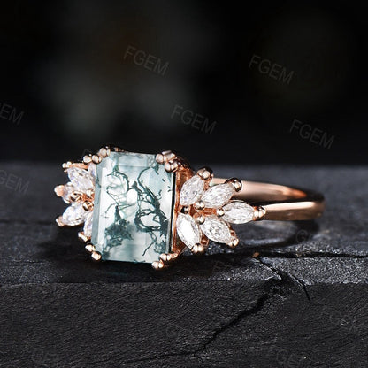 2ct Emerald Cut Moss Agate Ring Vintage Natural Green Moss Agate Handmade Wedding Ring  Marquise Moissanite Cluster Promise Statement Ring
