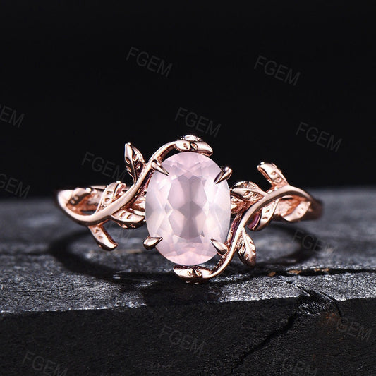 Nature Inspired Natural Rose Quartz Ring Sterling Silver 1.5ct Oval Rose Quartz Engagement Ring Pink Solitaire Ring Proposal Gift for Couple