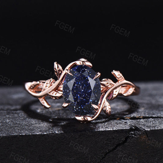 Sterling Silver Oval Cut Blue GoldStone Ring Leaf Engagement Ring Starry Blue Sandstone Ring Solitaire Promise Anniversary Gift For Her