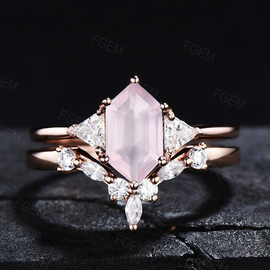 Natural Rose Quartz Ring Hexagon Engagement Ring Set Moissanite Wedding Bridal Set Pink Crystal Ring Valentine's Day Jewelry Gift for Couple