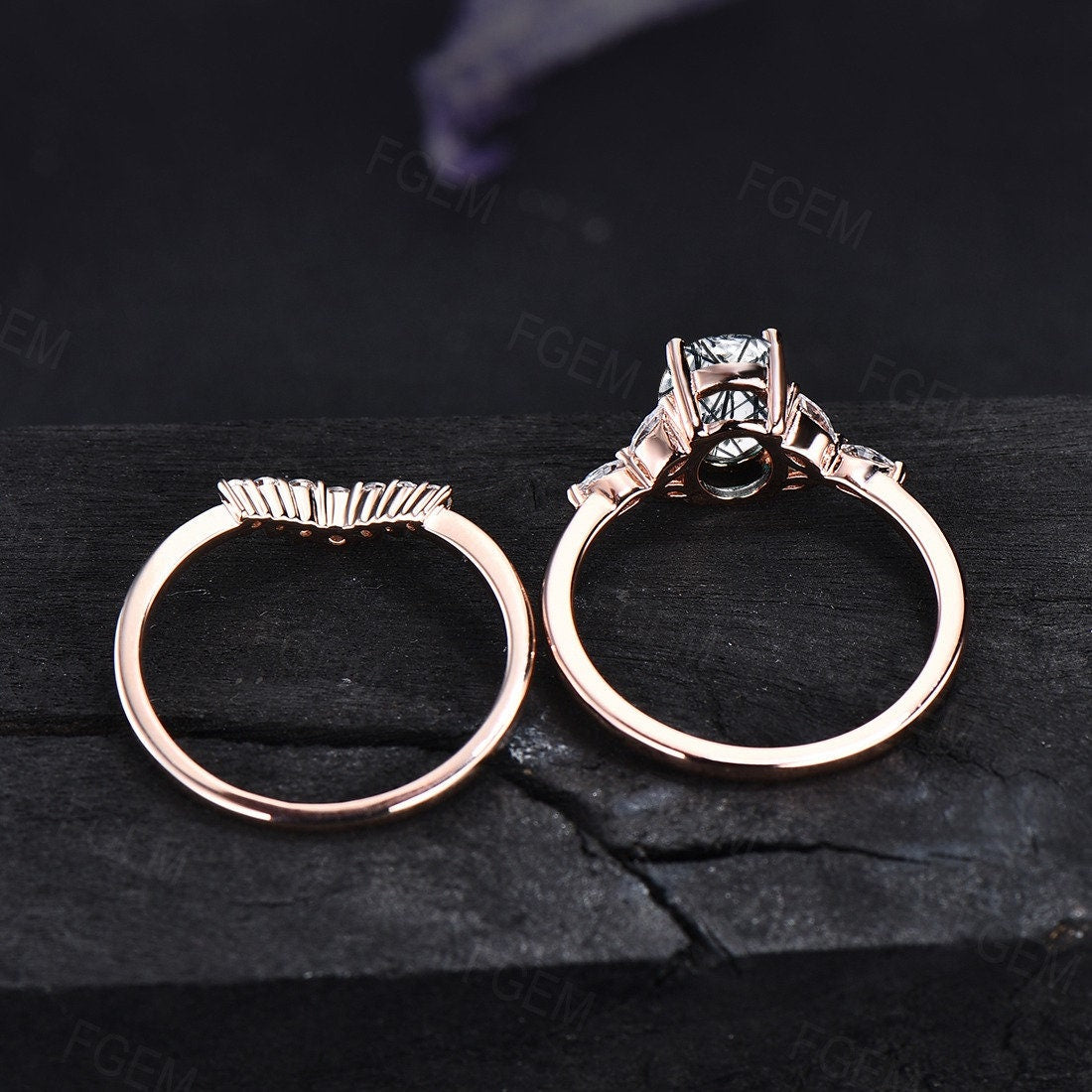 Vintage Black Rutilated Quartz Wedding Ring Set Unique Engagement Ring Set  Rose Gold Cluster Black Onyx Bridal Set Women Anniversary Gift