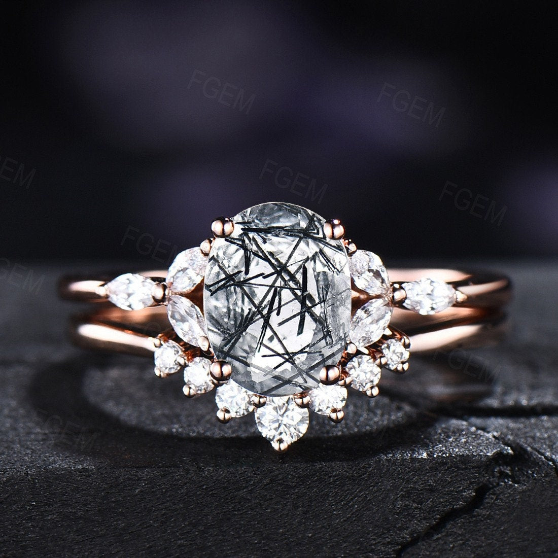 Oval cut black rutilated quartz engagement ring white gold ring art de –  Ohjewel