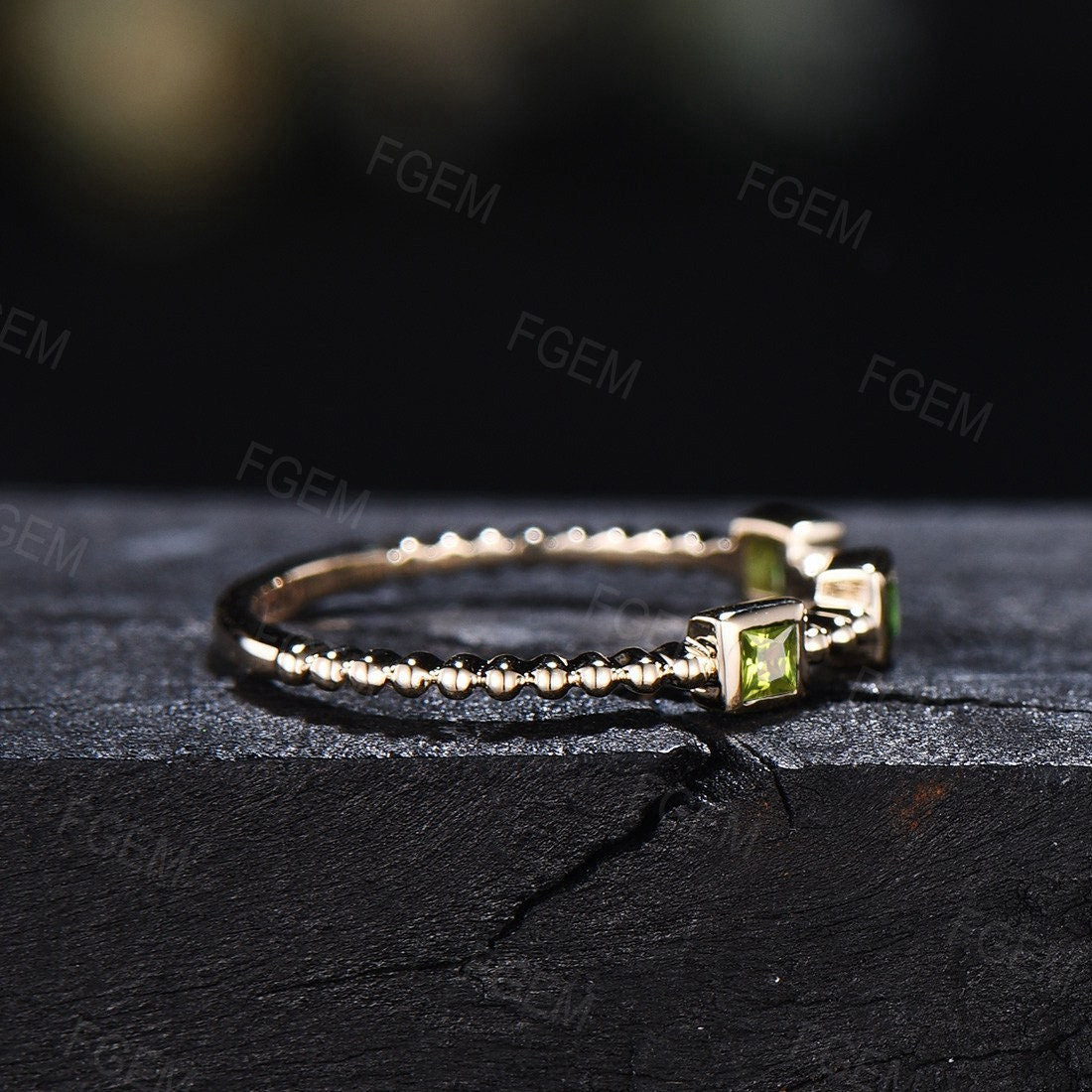 Princess Cut Natural Peridot Wedding Band August Birthstone Ring Dainty Beaded Band Engagement Ring Stacking Minimalist Jewelry For Women