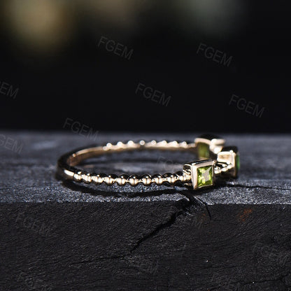 Princess Cut Natural Peridot Wedding Band August Birthstone Ring Dainty Beaded Band Engagement Ring Stacking Minimalist Jewelry For Women