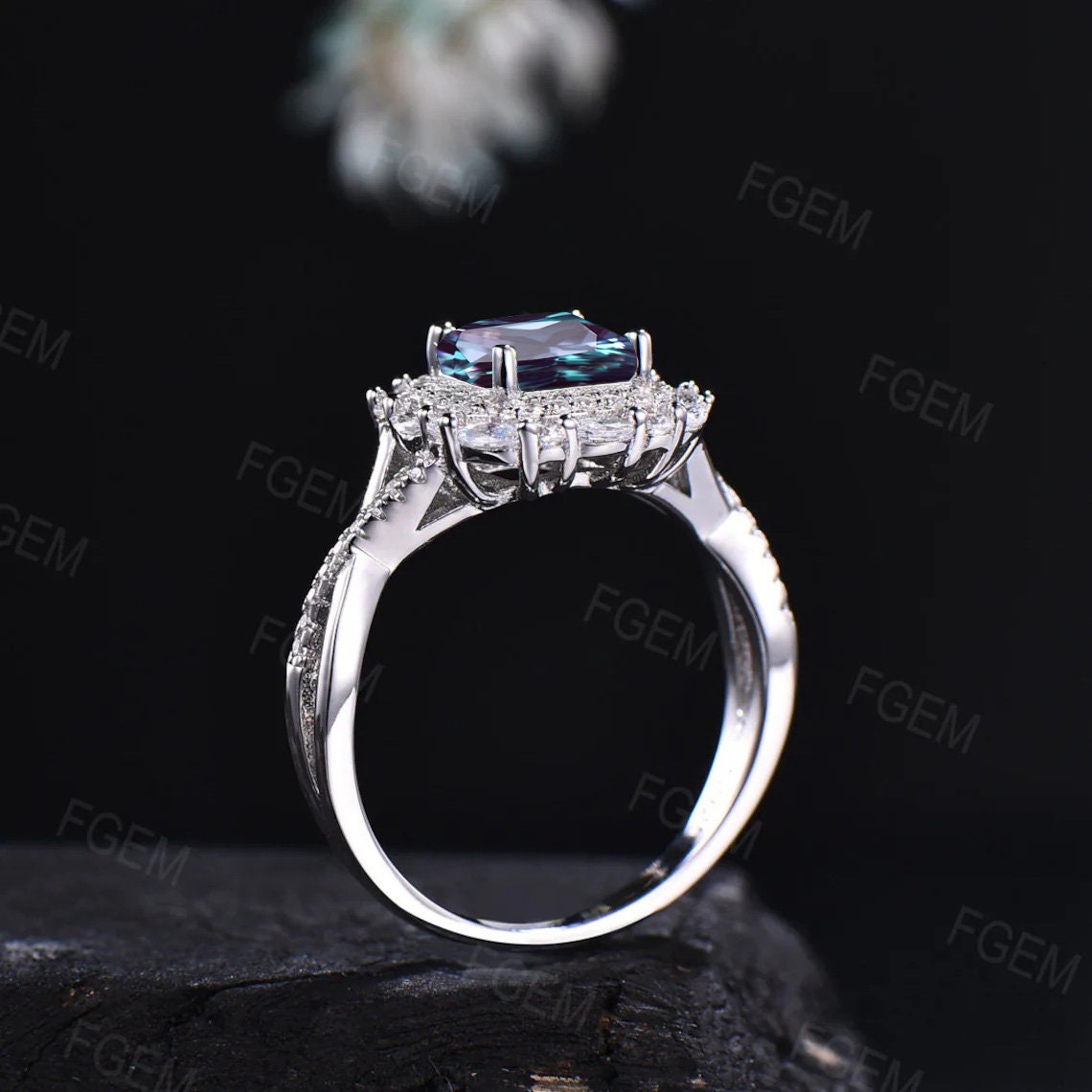 Double Halo Alexandrite Engagement Ring Princess Cut Alexandrite Ring June Birthstone Jewelry Twist Band Cocktail Ring Women Platinum Ring