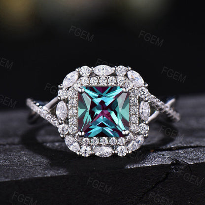 Double Halo Alexandrite Engagement Ring Princess Cut Alexandrite Ring June Birthstone Jewelry Twist Band Cocktail Ring Women Platinum Ring