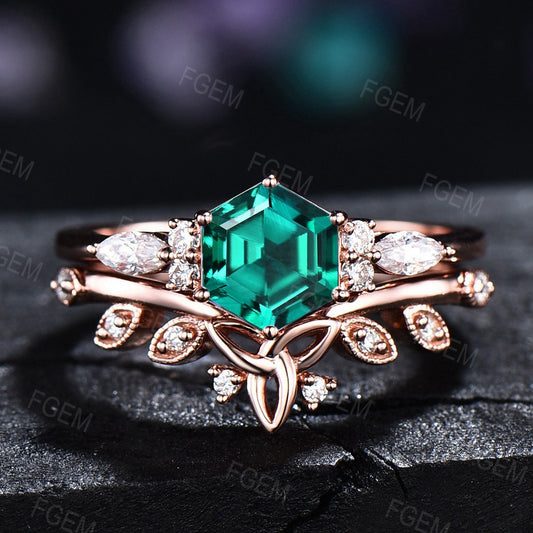Hexagon Cut Emerald Engagement Ring Set May Birthstone Wedding Ring Celtic Knot Matching Band Emerald Jewelry Unique Anniversary Gifts Women