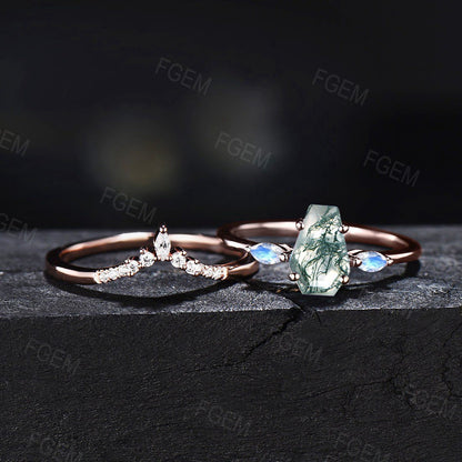 Long Hexagon Natural Moss Agate Engagement Ring Set Coffin Shaped Ring Rose Gold Marquise Cut Moonstone Ring Moissanite Wedding Ring Set