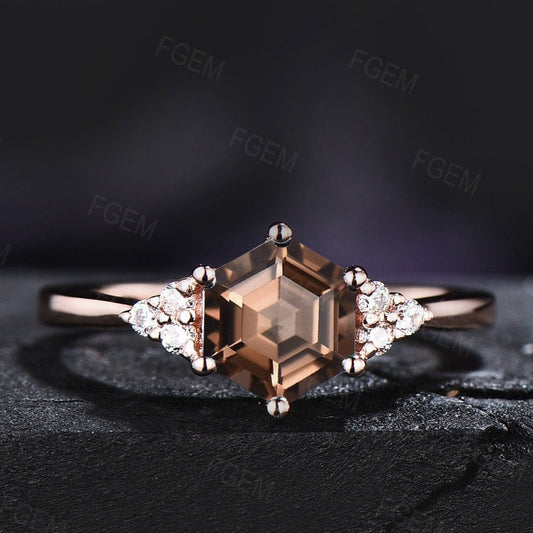 Sterling Silver Natural Smoky Quartz Ring Vintage Hexagon Engagement Rings Brown Gemstone Ring Smoky Topaz Crystal Jewelry Anniversary Gift