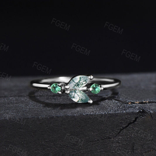 Sterling Silver Natural Moss Agate Engagement Rings Unique Leaf Vine Wedding Ring Green Moss Emerald Gemstone Jewelry Crystal Bridal Ring