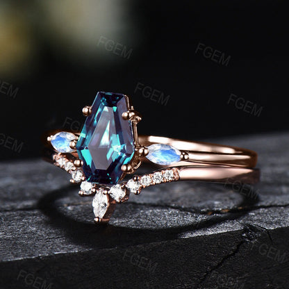 Long Hexagon Alexandrite Engagement Ring Set Coffin Shaped Ring Rose Gold Marquise Cut Moonstone Ring Moissanite Wedding Ring Set For Women