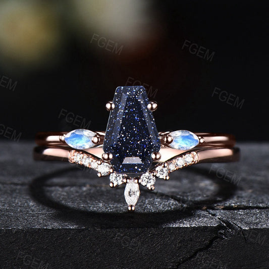 Unique Coffin Shaped Blue Goldstone Rings Set Vintage Long Hexagon Blue Sandstone Engagement Rings Marquise Diamond Moonstone Bridal Ring